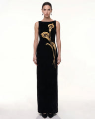 Calla Lily Embellished Velvet Column Maxi Dress - Black
