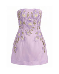 Floral EmbroideredStrapless Corset Mini Dress - Light Purple