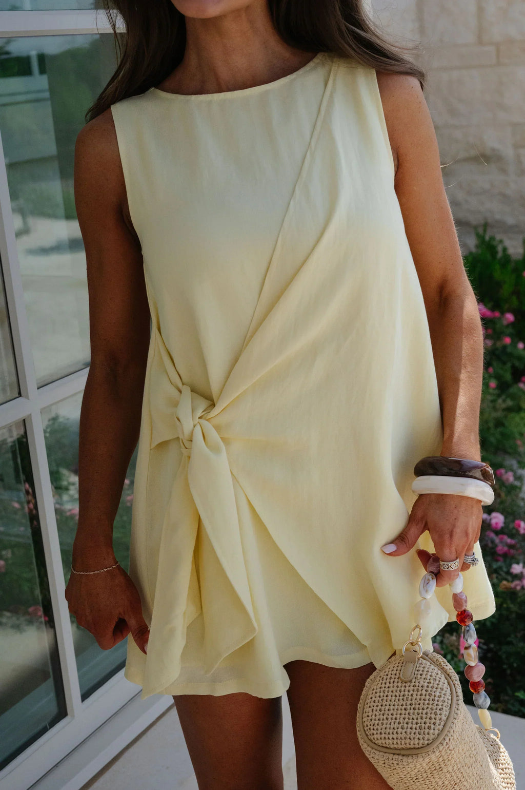 Boat Neck Side Tie Mini Dress-Butter Yellow