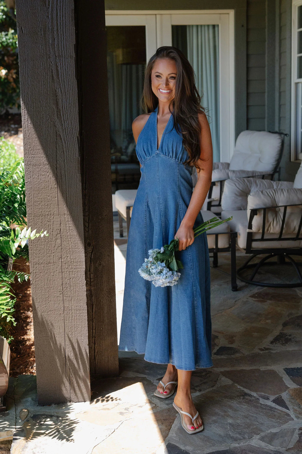 Delaney Halter Denim Midi Dress