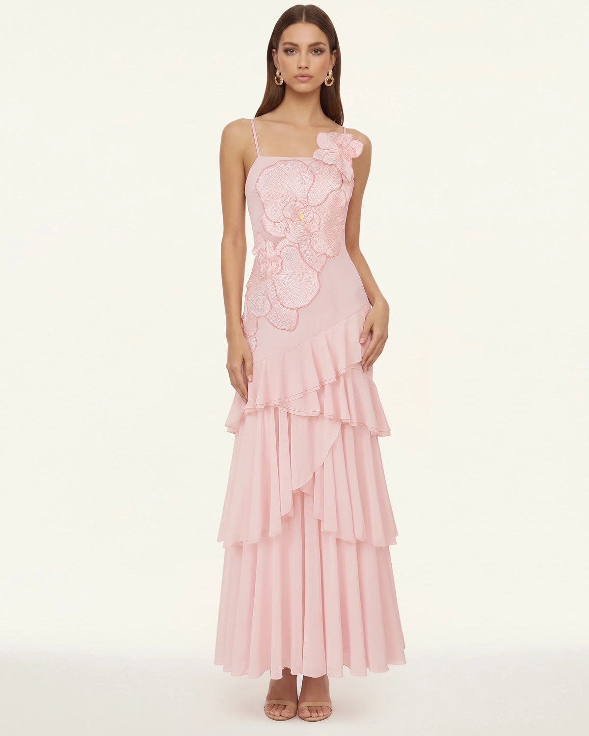 Orchid Embroidered Ruffled One-Shoulder Maxi Dress - Blush Pink