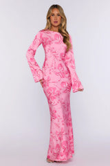 Sweet Clover Long Sleeve Satin Maxi Dress Pink