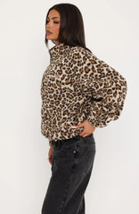 Cosy Moments Fleece Oversized Zip Front Funnel Neck Jacket Cream Leopard Print