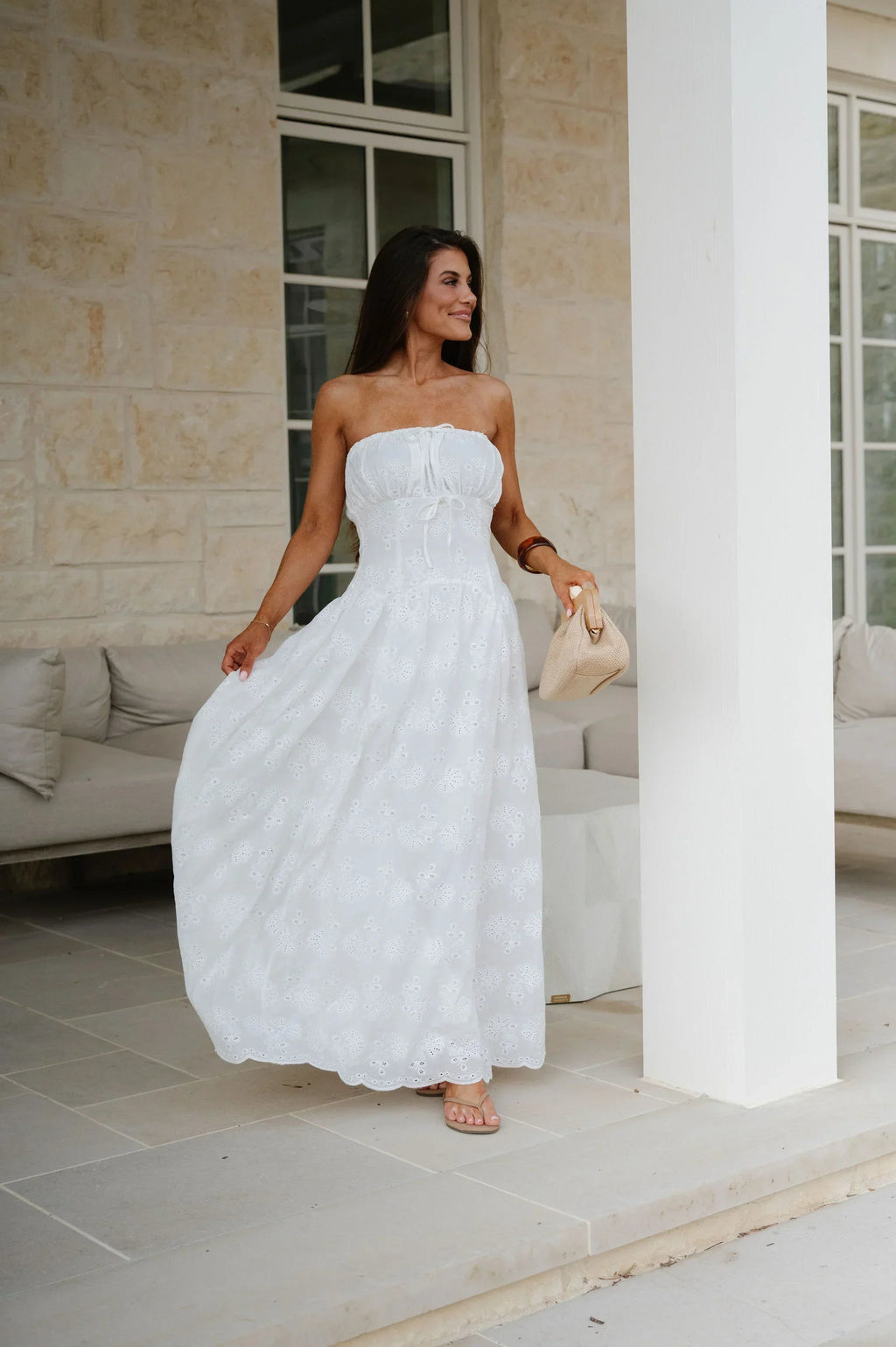 Eyelet Strapless Maxi Dress-Off White
