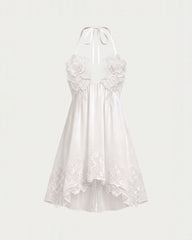 Flower Embroidered Halter Babydoll Mini Dress - White