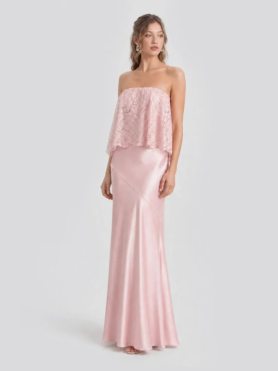 Lace Patchwork Satin Bandeau Maxi Dress