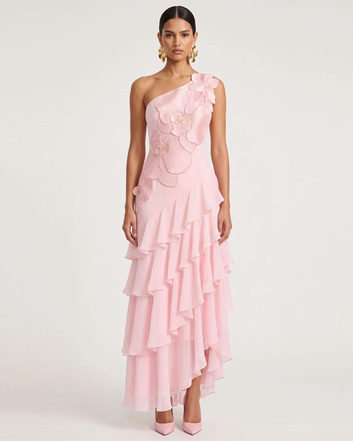Orchid Embroidered One Shoulder Ruffle Maxi Dress - Pink