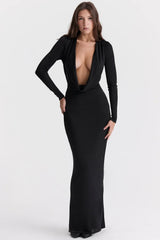 black draped maxi dress
