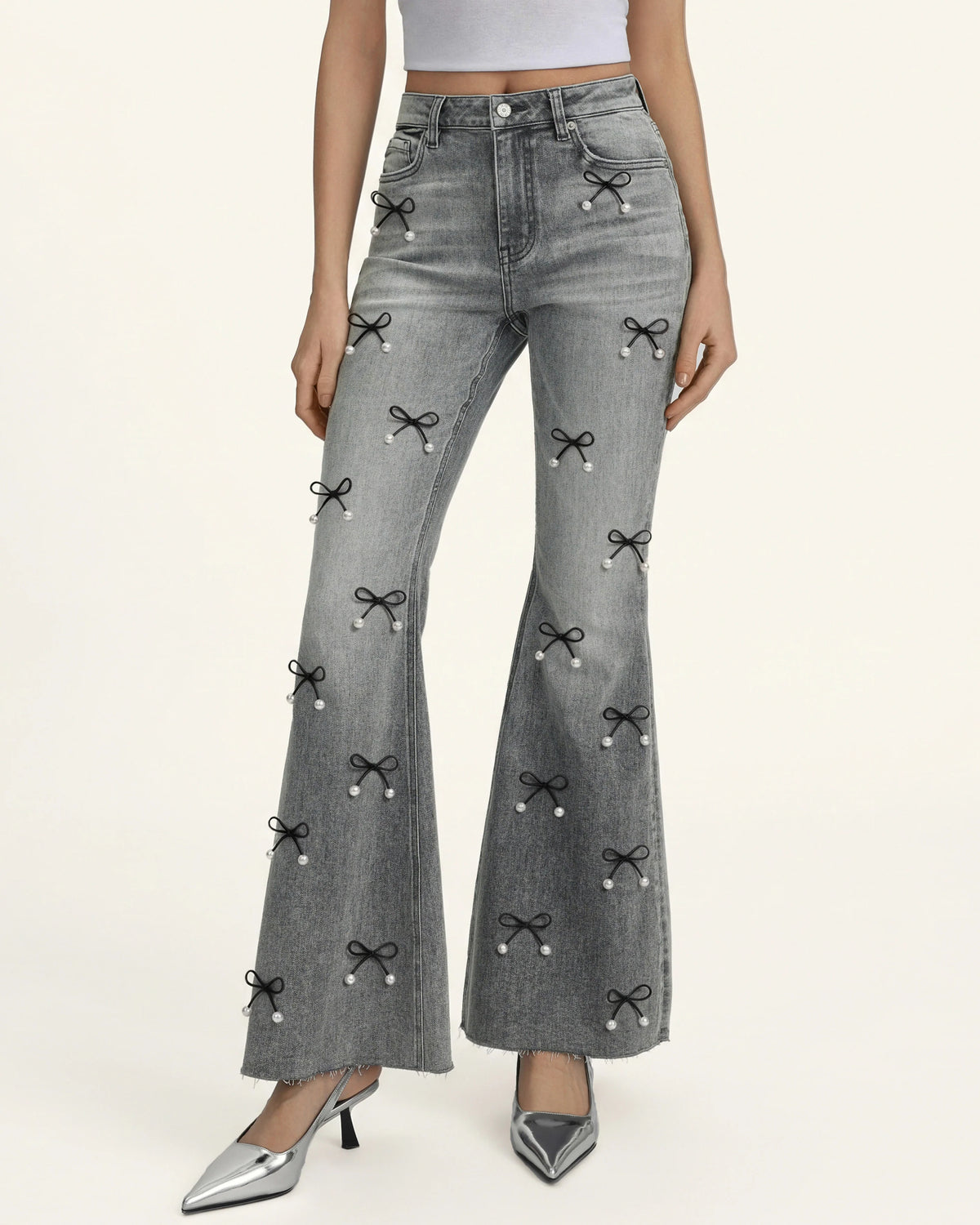 Pearl Accent Bow Boogie Child Fray Jeans - Smoke and Mirrors