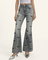 Pearl Accent Bow Boogie Child Fray Jeans - Smoke and Mirrors