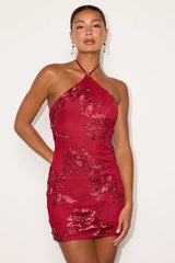 Celyna Burgundy Mesh Floral Applique Mini Dress