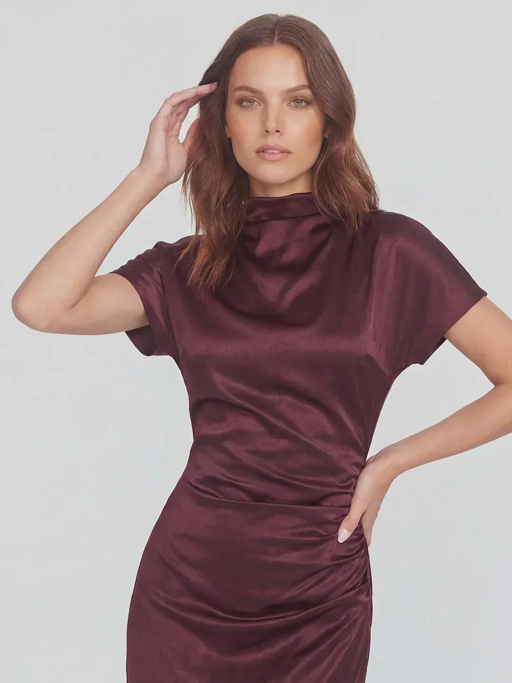 High Boat Neck Stain Maxi Dress With Ruched Detailing