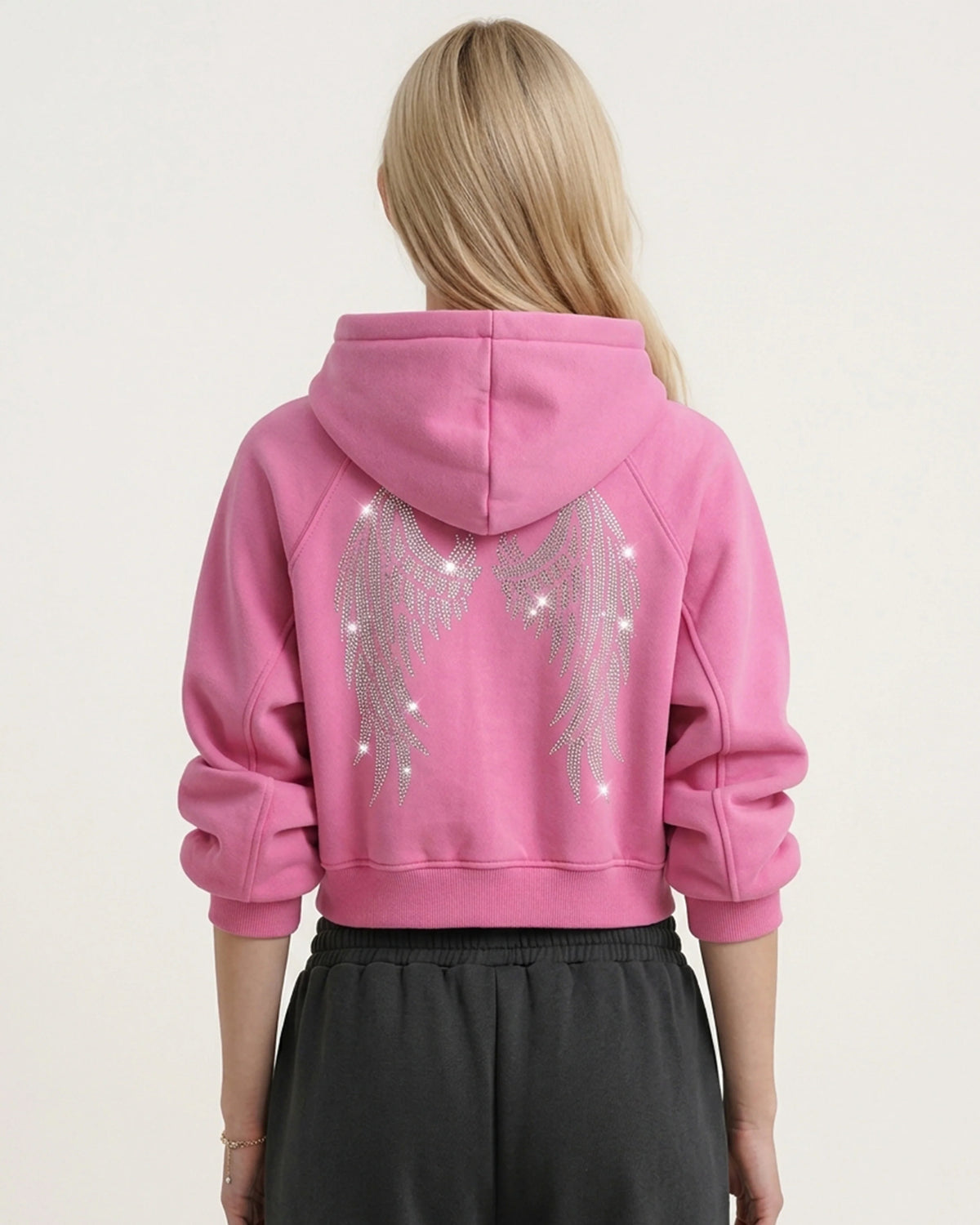 The Darling Crystal Feather Wing Cropped Hoodie - Acid Pink