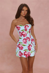 Crimson Bloom Strapless Mini Dress Blue