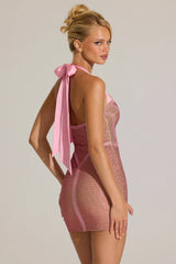 Embellished Halterneck Mini Dress in Blossom Pink
