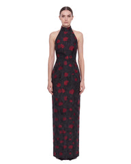 Floral Jacquard Halter Open-Back Maxi Dress - Black & Red