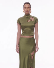 Floral Cutout Satin Top - Olive Green