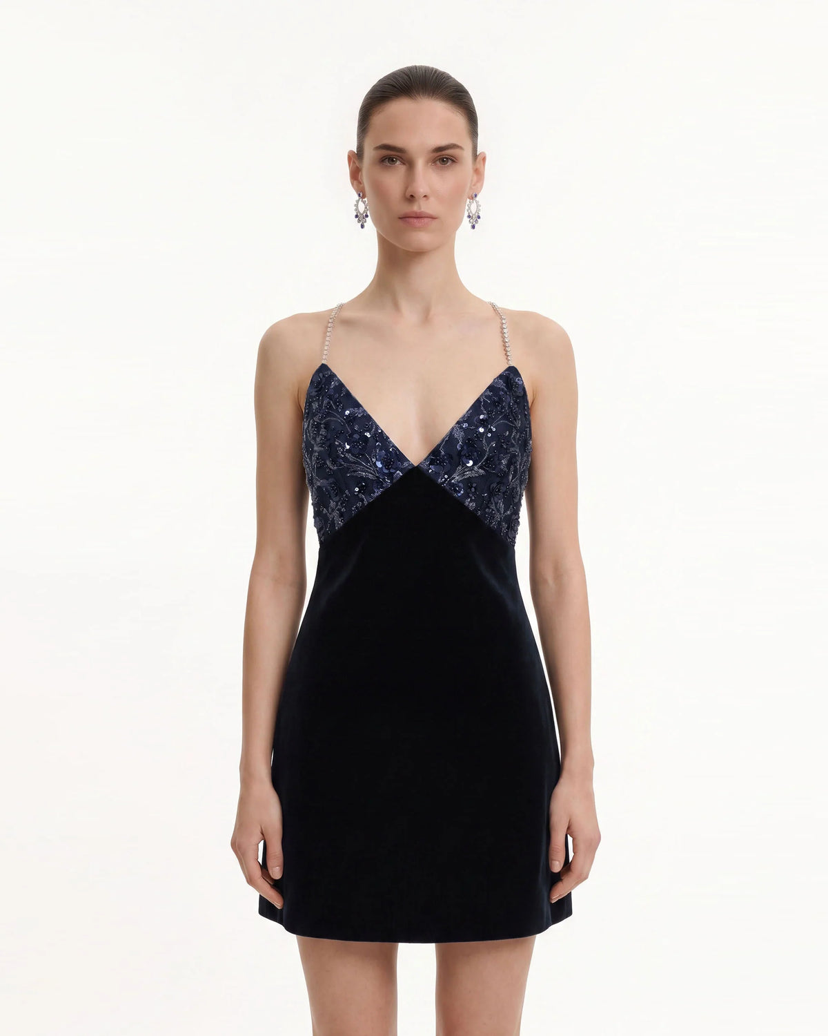 Beaded Floral Strappy Open-Back Mini Dress - Black & Navy