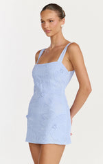 Sienna Mini Dress - Square Neck Floral Embroidered A Line Dress in Blue