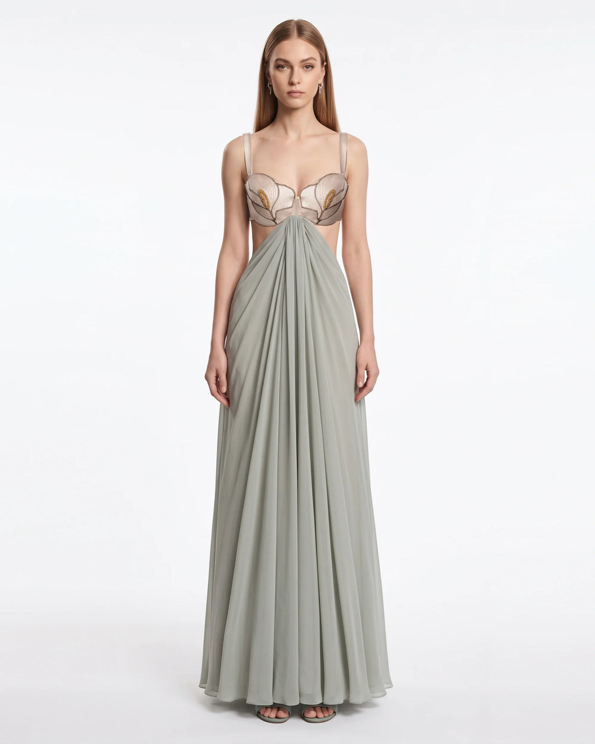 3D Floral Cutout Draped Maxi Dress - Sage Green
