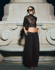 High-Neck Lace T-Shirt With Frill Sleeves