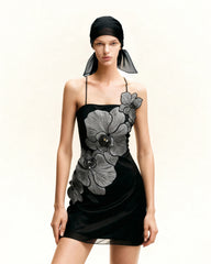Orchid Appliqué Mini Dress - Black/Silver