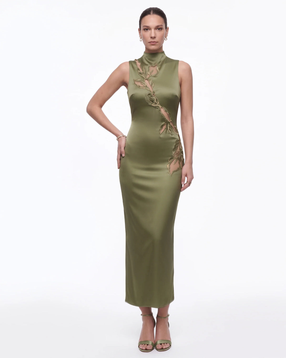 Floral Embroidered Mock-Neck Satin Maxi Dress - Olive Green