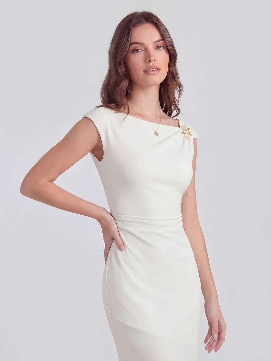 Asymmetric Sleeve Bodycon Gown With Knot-Shoulder Detail