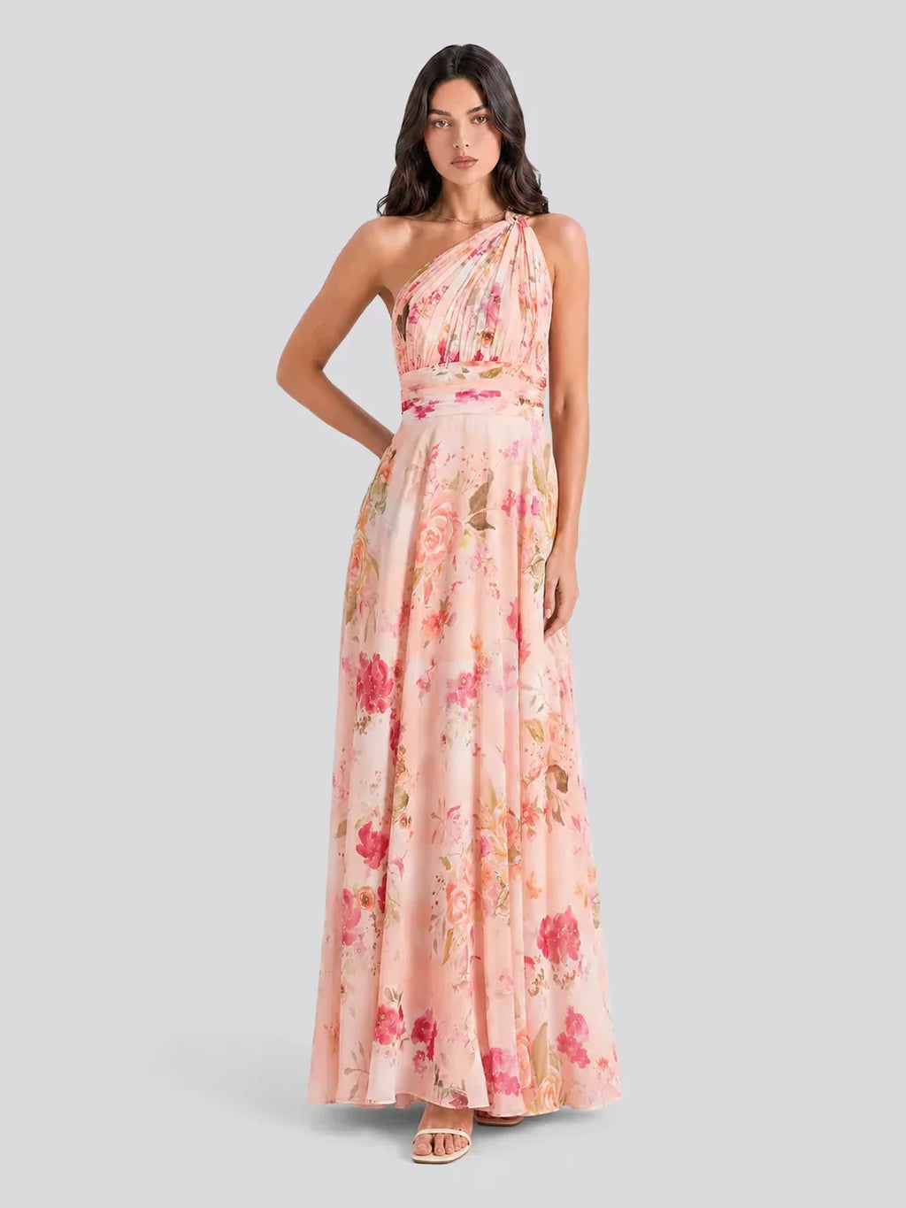 Bouquet Floral A-Line One Shoulder Chiffon Dress