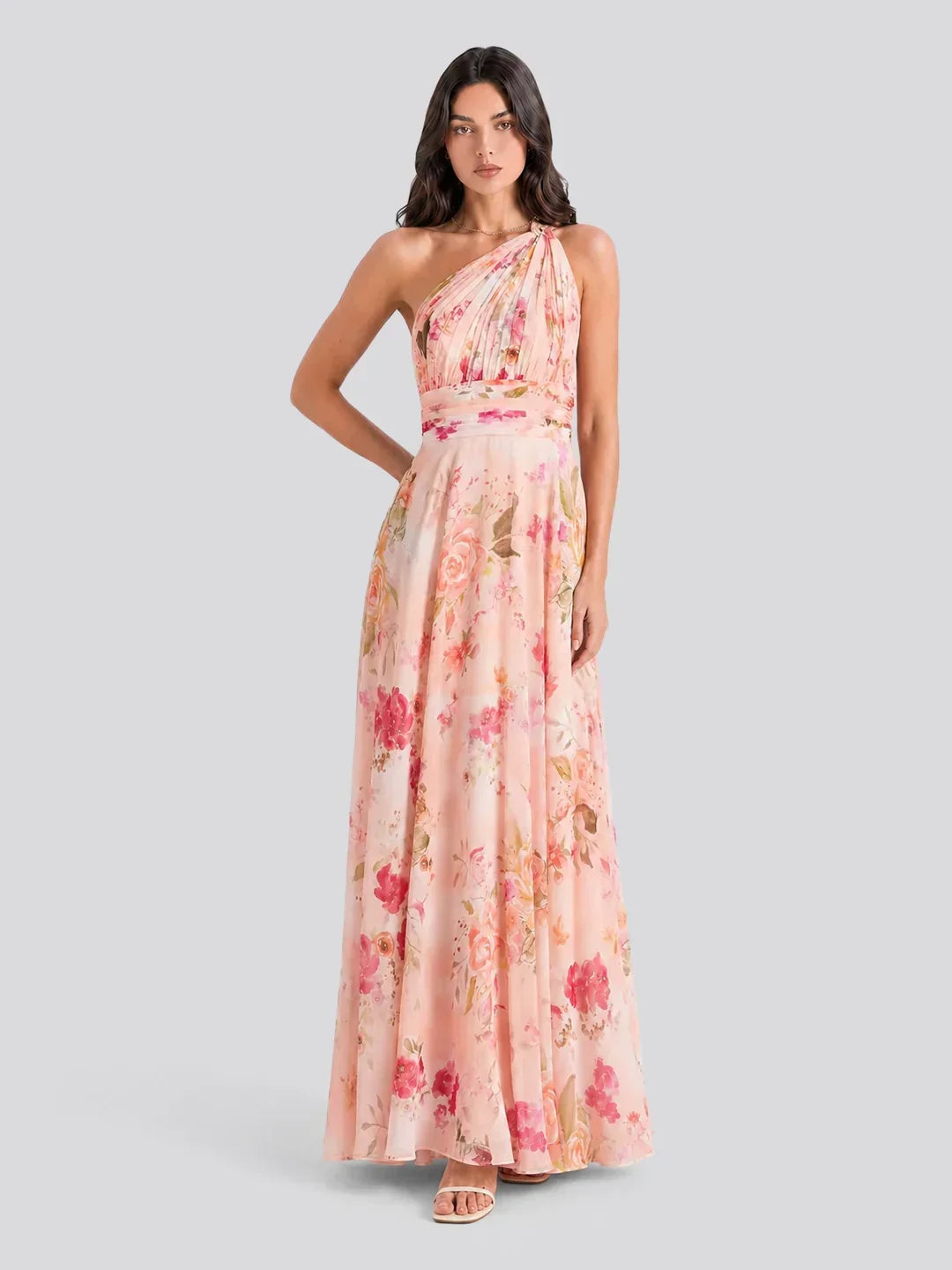 Bouquet Floral A-Line One Shoulder Chiffon Dress