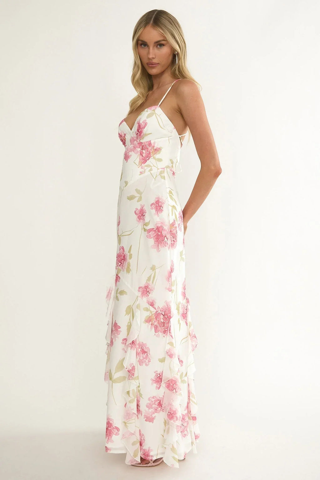 Charlisa Ruffle Maxi Dress Floral White