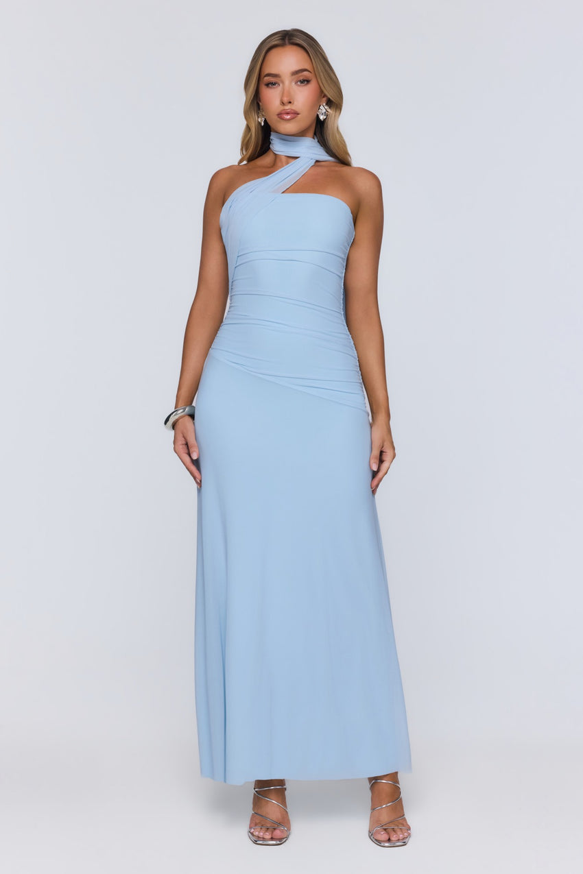 Evening Allure Mesh Strapless Maxi Dress Blue