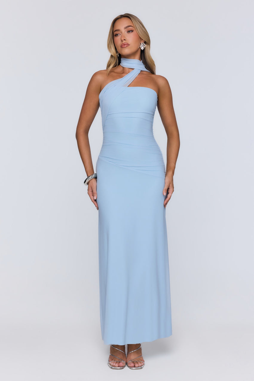 Evening Allure Mesh Strapless Maxi Dress Blue