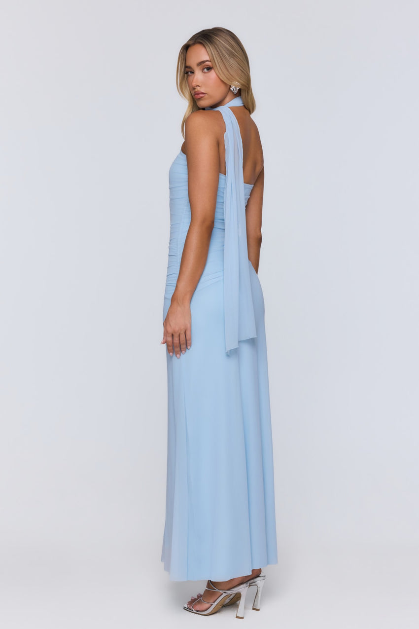 Evening Allure Mesh Strapless Maxi Dress Blue