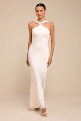 Deanira White Satin Backless Column Maxi Dress
