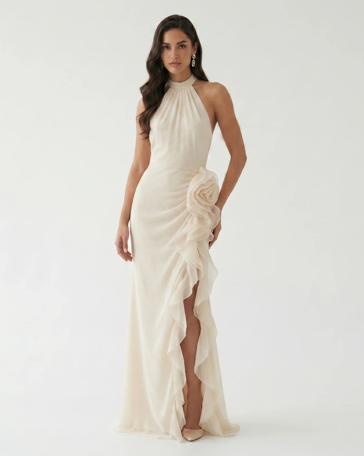 Halter Ruffle Rosette Slit Maxi Dress - Ivory