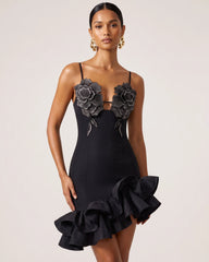 Flower Embroidered Spaghetti Strap Asymmetric Ruffle Mini Dress - Black