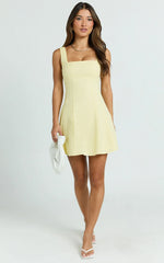 Adiana Mini Dress - Linen Square Neck Shirred Back A Line Dress in Lemon