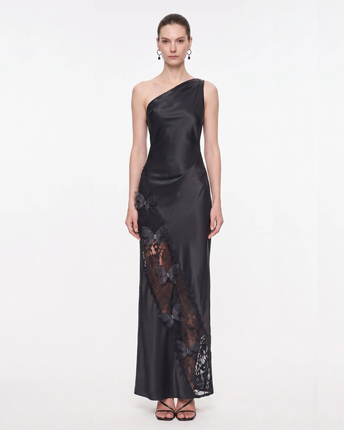 Lace Panel One-Shoulder Satin Maxi Dress - Black
