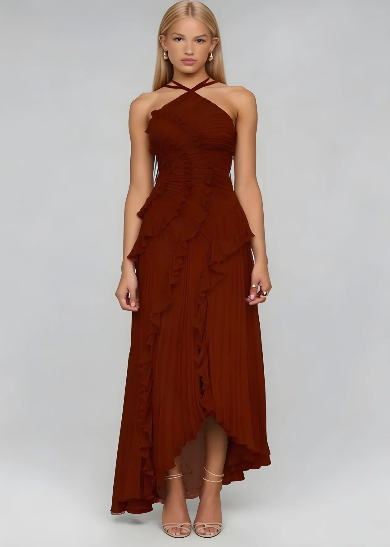 Livette -  Halter Neck And Ruffles Maxi Dress