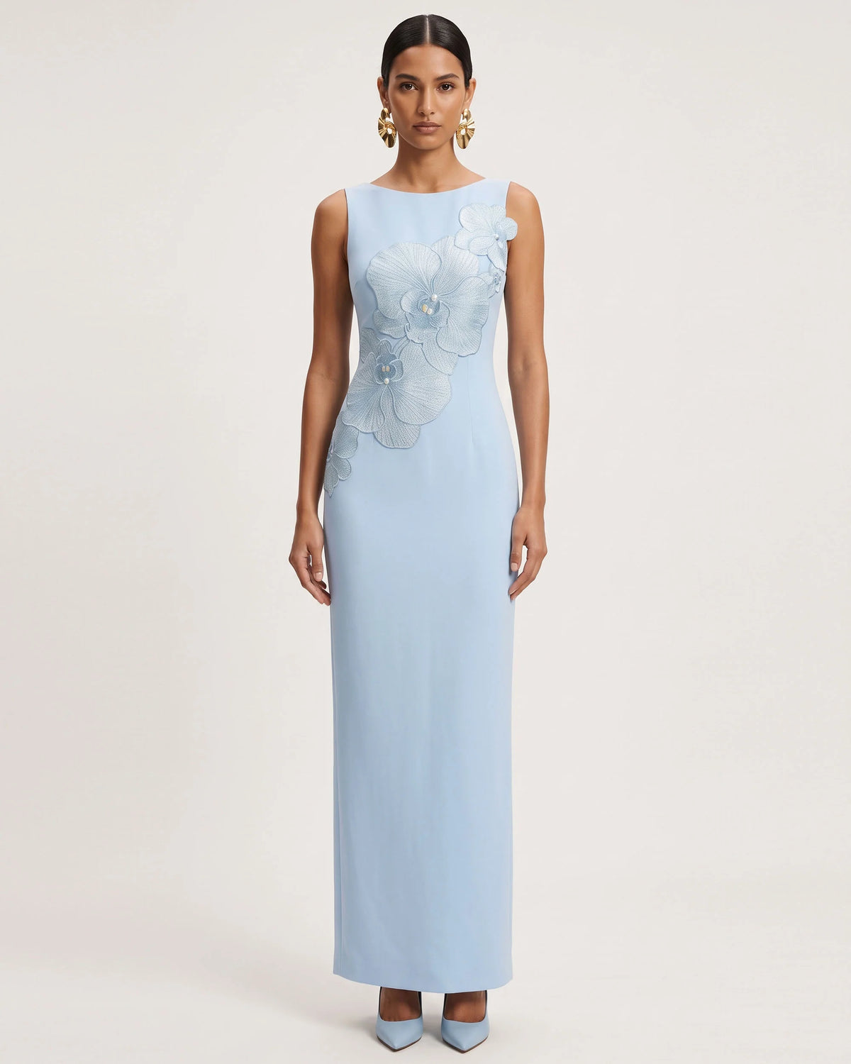 Orchid Embroidered Crew Neck Fitted Maxi Dress - Light Blue