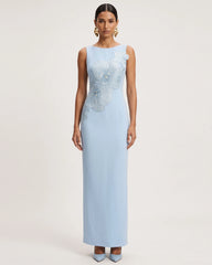 Orchid Embroidered Crew Neck Fitted Maxi Dress - Light Blue