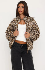 Cosy Moments Fleece Oversized Zip Front Funnel Neck Jacket Cream Leopard Print