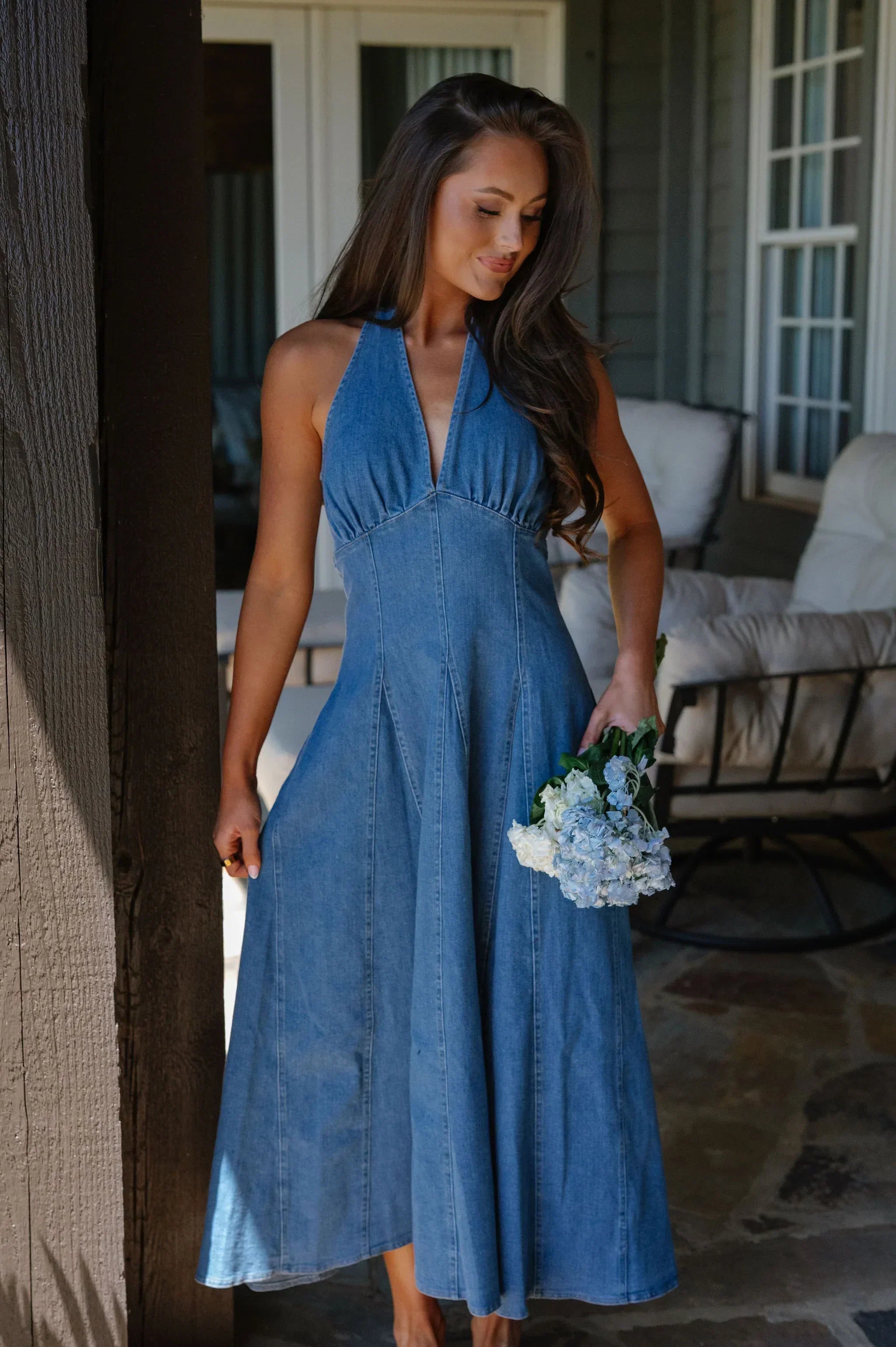 Delaney Halter Denim Midi Dress