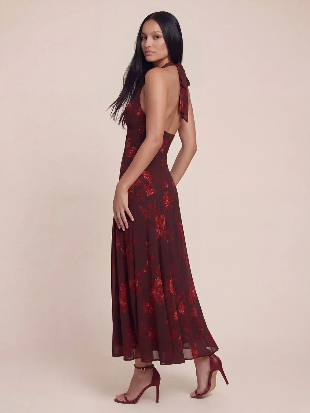 Halter V-Neck Drop Waist Georgette Midi Dress