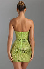 Oh Polly Aurora Embellished Bandeau Mini Dress in Pear Green