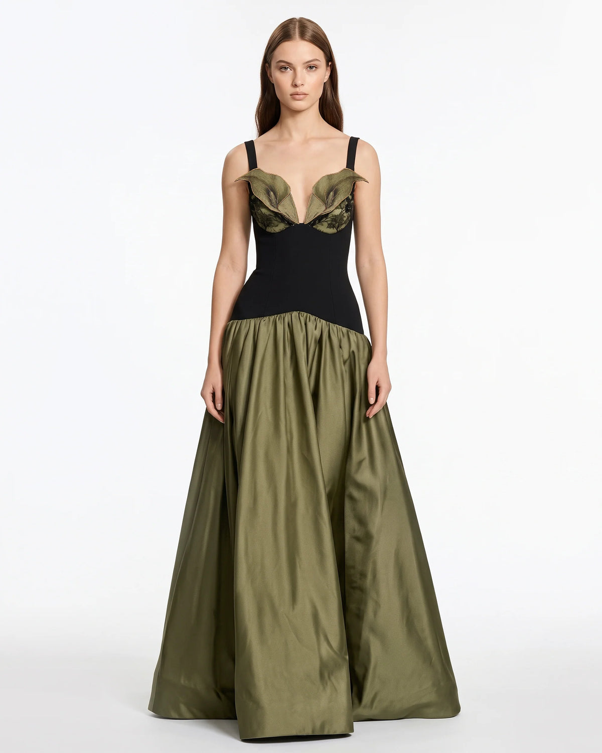 3D Floral Drop-Waist A-Line Maxi Dress - Olive Green & Black