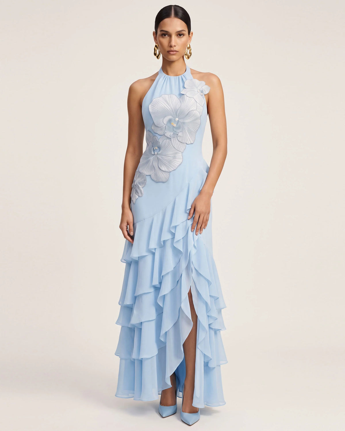 Orchid Embroidered Halter Asymmetric Ruffle Maxi Dress - Light Blue