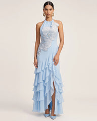Orchid Embroidered Halter Asymmetric Ruffle Maxi Dress - Light Blue