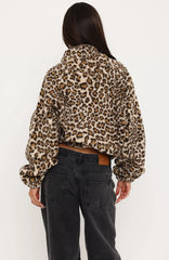 Cosy Moments Fleece Oversized Zip Front Funnel Neck Jacket Cream Leopard Print